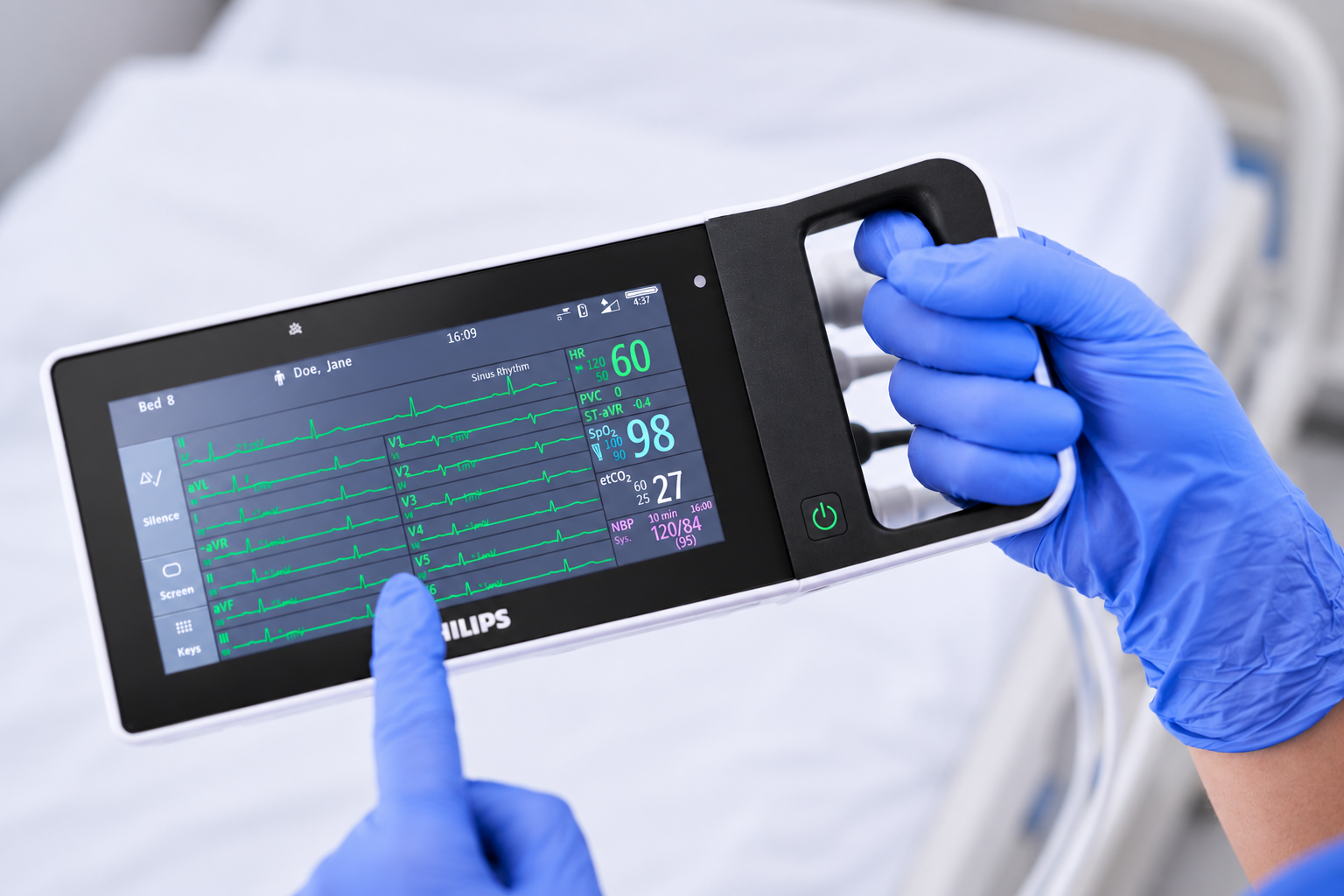 Handgerät zur Patientenüberwachung mit Vitaldatenanzeige